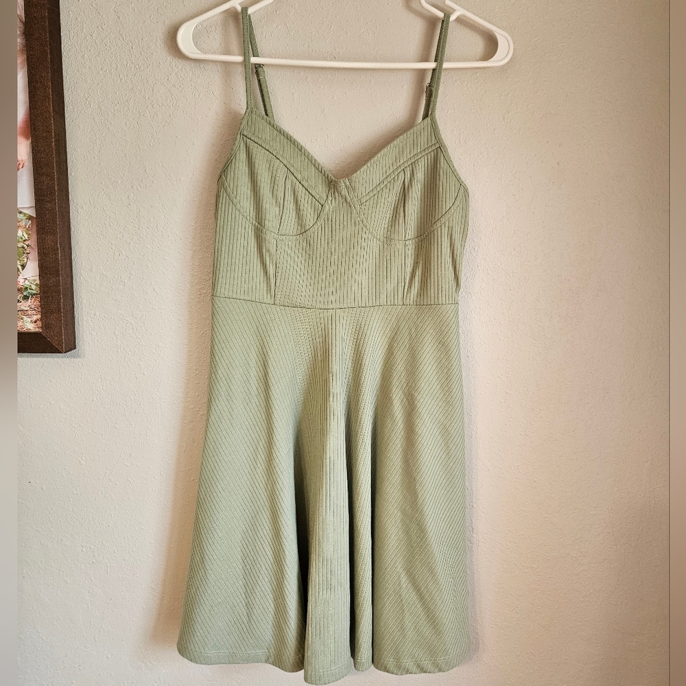 Lulus Sage Green Ribbed Bustier Skater Dress